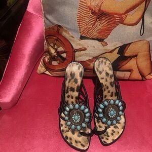 Roberto Cavalli Home Leopard Sandals with Blue Embellishments